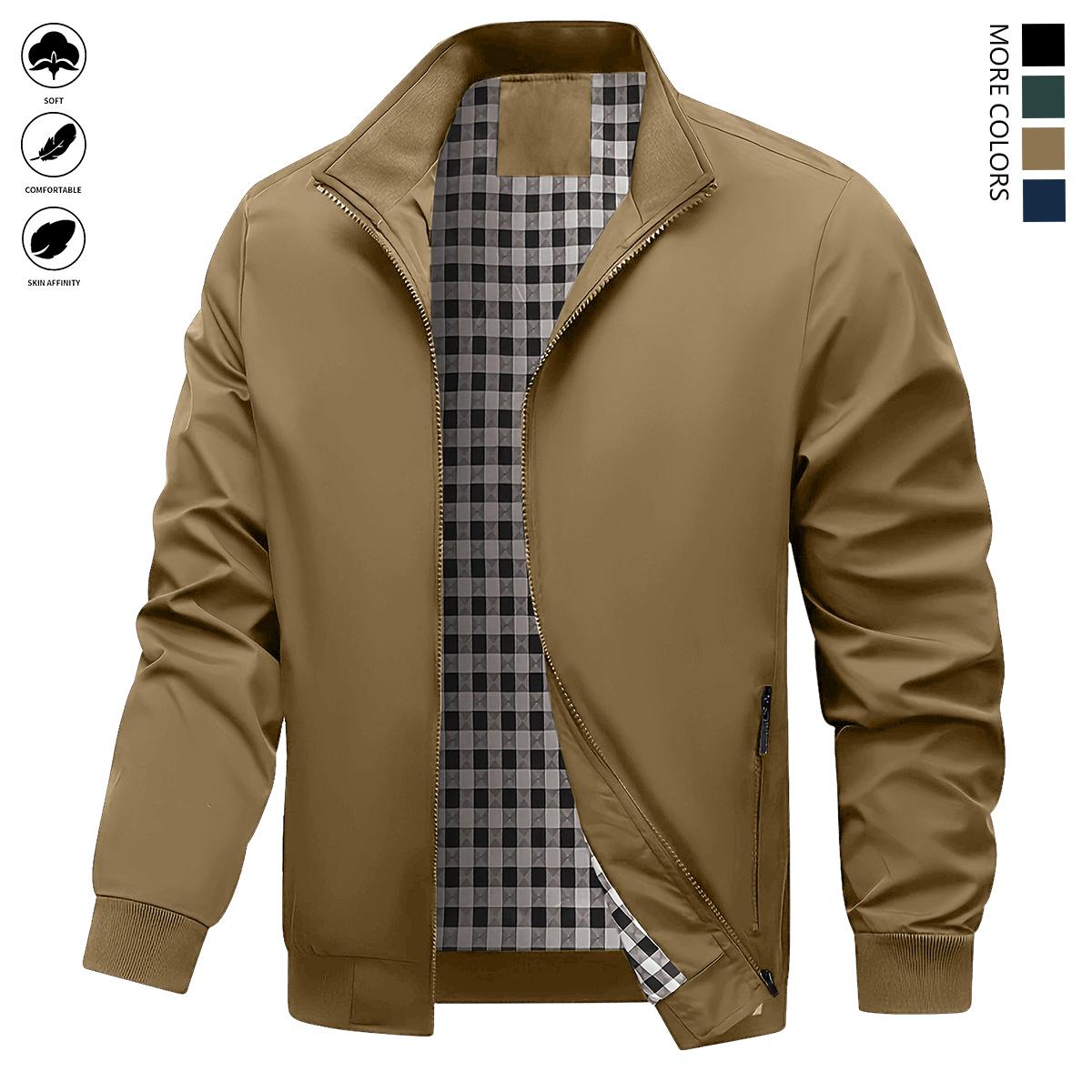 Men's Lightweight Polyester Jacket - Non-Stretch Formal and Daily Jacket, Stand Collar Design, Zipper Pocket - Office, Work Clothing, Spring and Autumn Casual Outerwear - Easy Care Professional Suit, Simple Style, Washable Fabric