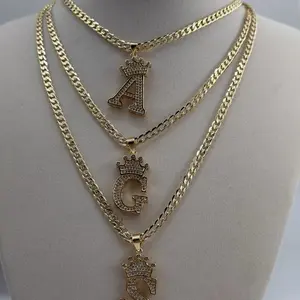 14K Gold Plated Crown Letters with Rhinestone and Chain 4mm 20in and 24in