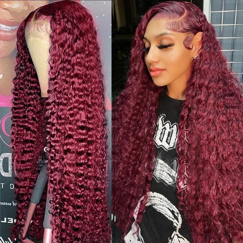 30 Inch Deep Wave Lace Front Wigs Human Hair 13x6 HD Transparent Deep Curly Lace Frontal Wigs 180% Density Glueless Wigs Human Hair pre Plucked with Baby Hair Natural Color Honey Blonde 4/27 99j Burgundy