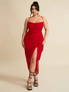 BAE Plus Size Women's Summer Red Chiffon Split Thigh Graduation Dress,Birthday Dresses For Women