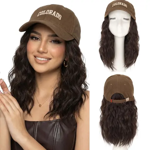 SEGOHAIR Brown Hat Wigs Baseball Cap with Heat Resistant Synthetic Short Wave Curly Hair Extensions 8 Inch Bob Hair With Hair Extensions for Women Throw and Go Wigthrow and Go Wig, Wigs For Women, Adjustable Strap, Stays Put