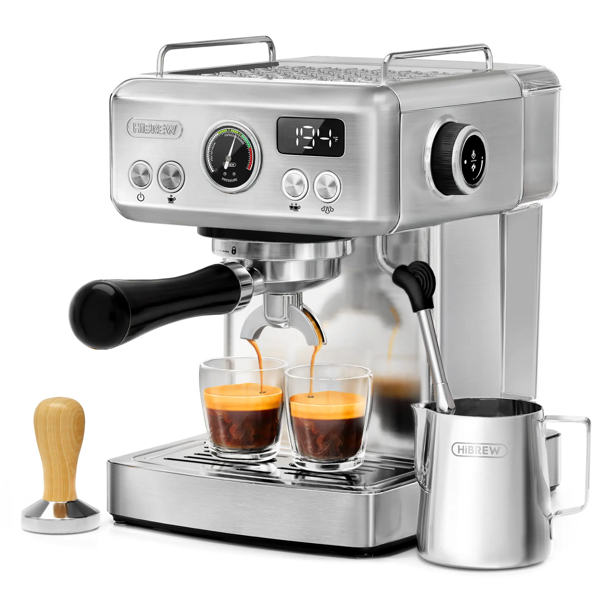 HIBREW H10A Espresso Coffee Maker - Corded Home Cafe Compact Stainless Steel Body Machine with Milk Frother Steam Wand, Customizable Temp, Coffee Volume, Smart Display, 20Bar Pressure Gauge (Silver, Multi-Cup, No Battery Needed), Multi-Cup Coffee Machines