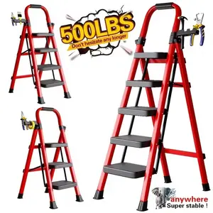 500lbs Load-bearing Folding 5/4/3 Step Ladder | Heavy-duty Steel Step Stool with Anti-slip Wide Treads, Handrails, Safety Lock Design, Black and Red Color Scheme, Portable Multi-functional Ladder for Home and Kitchen Use