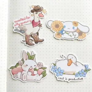 Cute Kawaii Animal Vinyl Sticker Set (4PCS), Cowboy Goose, Cinnamon Puppy, Peach Bunny, Rest Is Productive Duck, Waterproof Die Cut Funny Pastel Stickers books