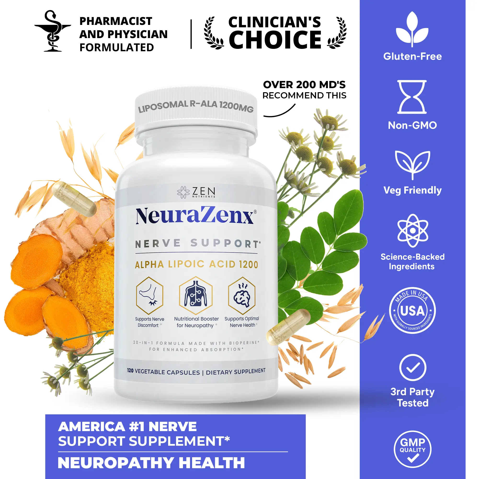 Neurazenx ️Nerve Support & Peripheral Neuropathy Supplement (120 Capsules) | Alpha Lipoic Acid, Benfotiamine, Turmeric Blend for Tingling, Numbness & Nerve Health