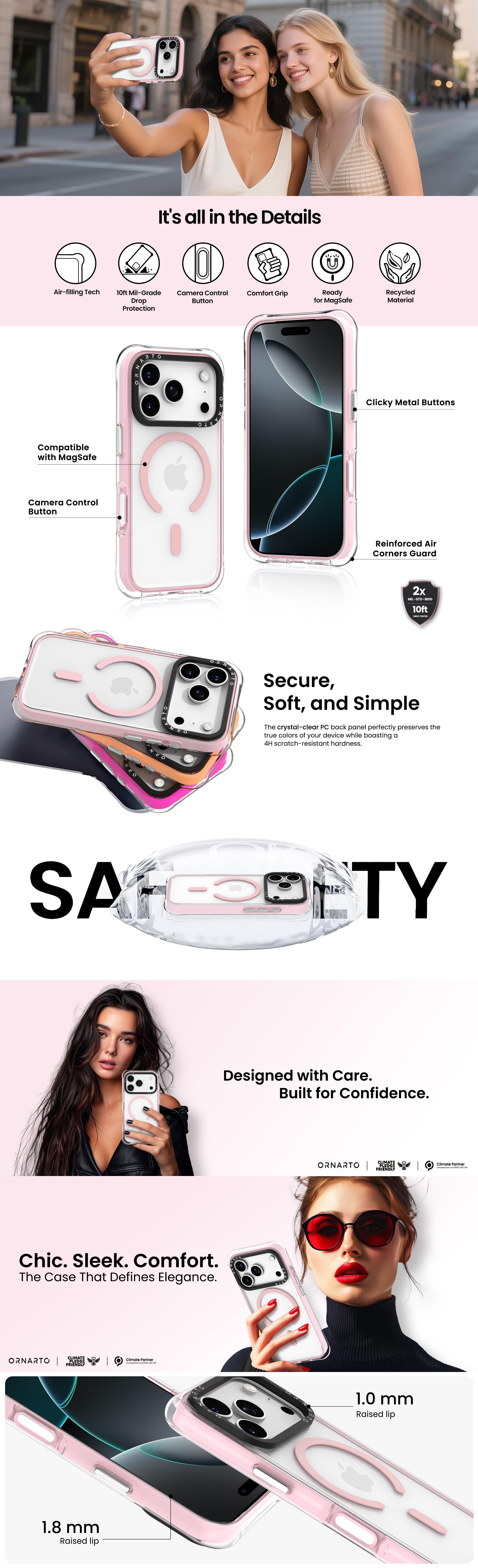 ORNARTO Diamond Air Case for iPhone 17 Series, Military-Grade Drop Protection Cover with Built-in Air,Crystal Clear Backplate | Protective Phone Accessory Shockproof Magsafe Phone Case