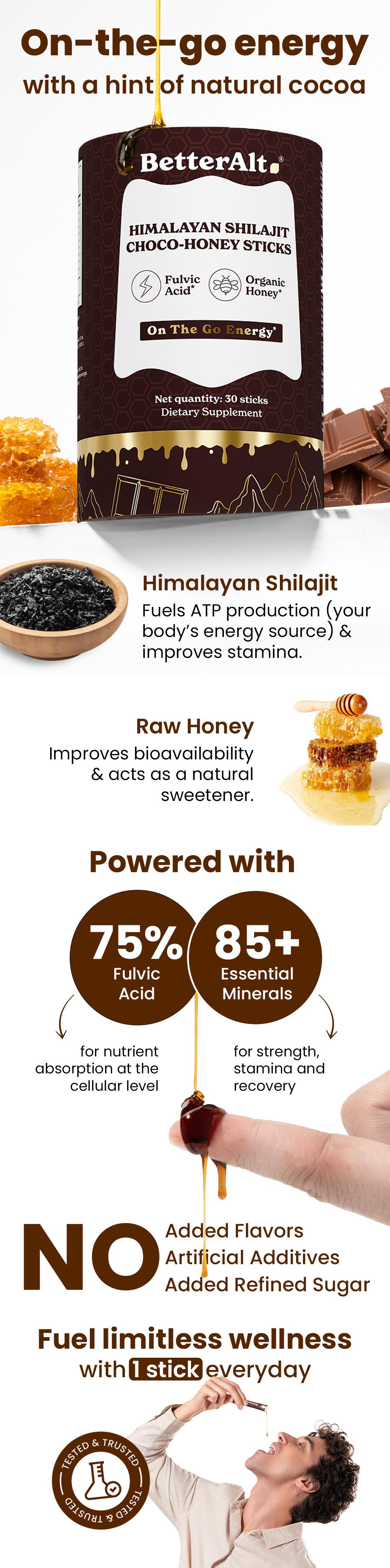 BetterAlt GOLD+ Choco Shilajit Honey Sticks | Lab-Tested for Purity | 85 Minerals & Fulvic Acid for Energy & Stamina | 30 Packs | Dietary Supplement