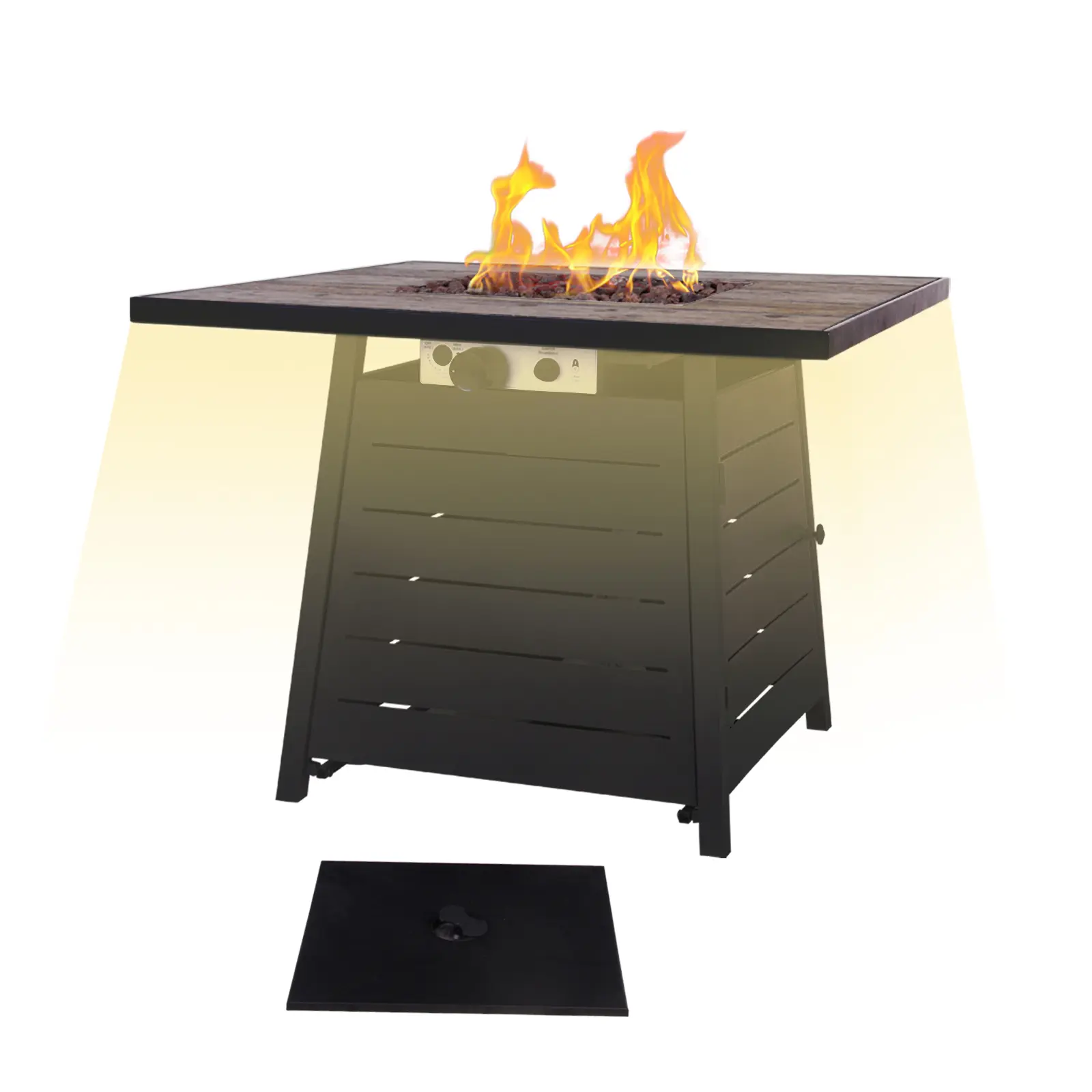 "Afterglow Terrafab Top + Metal Base Firepit Internal Gas Tank Kd Square 40000 Btu, Iron Fire Pit Table features modern style with decorative LED Lighting options "