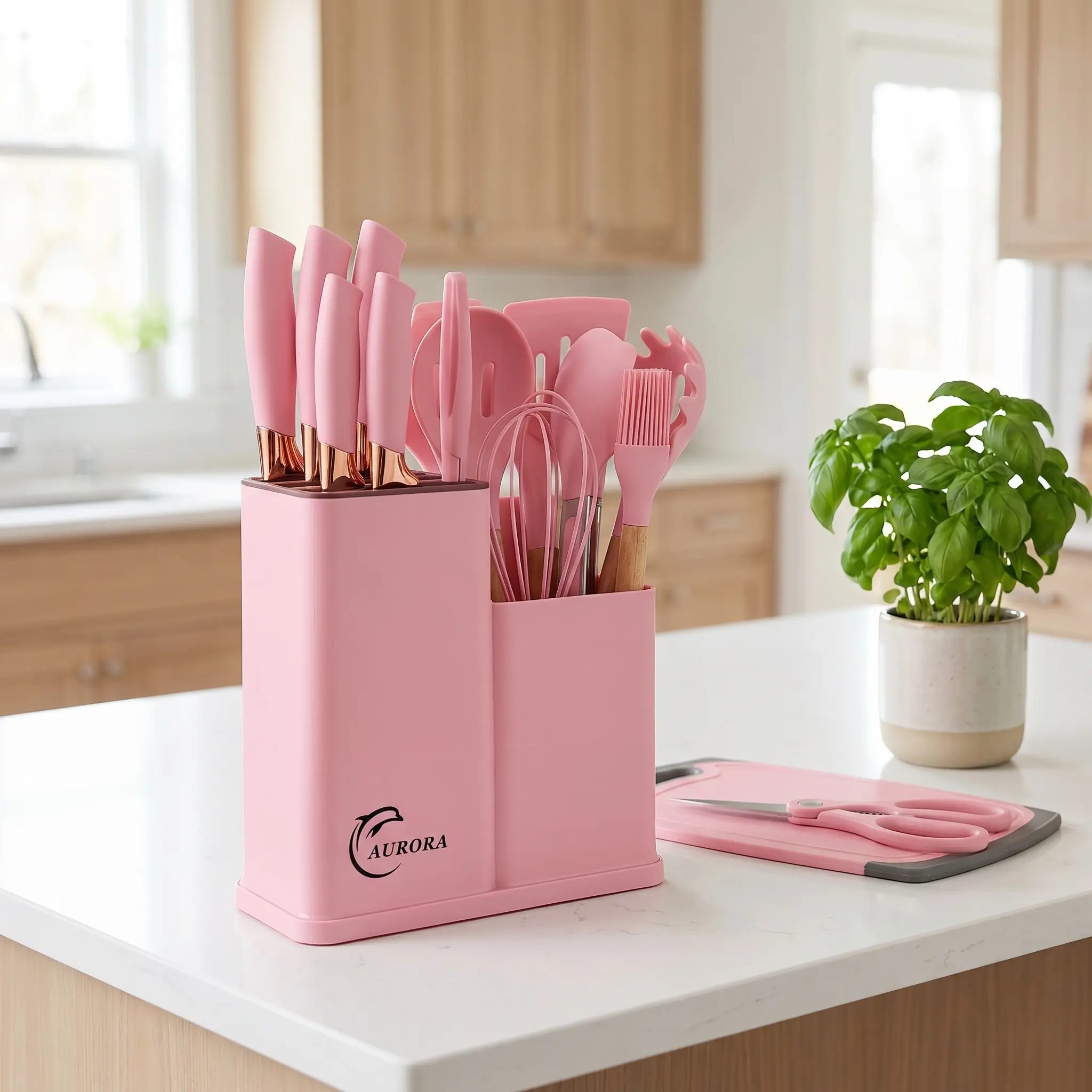 19-Piece Silicone Kitchen Utensil Set with Storage Box, Chef's Knife, Non-Stick Cookware, Non-Stick Spoons, Kitchen Accessories - Stylish White & Pink, Suitable for Valentine's Day Occasions