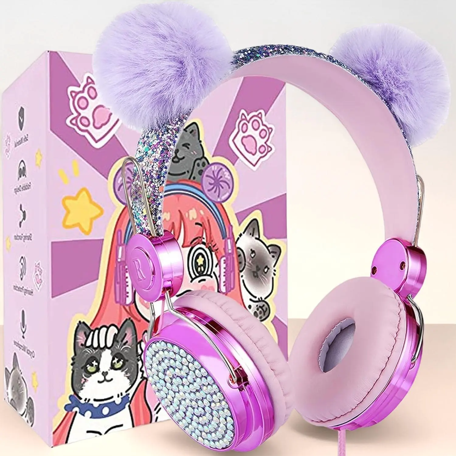 P-P Kids Unicorn Wired Headphones - 85dB Child-Safe Listening, Adjustable Design, 90° 3.5mm Jack, 4ft Audio Cable, Shareport for Sharing, Built-in Mic, Portable Durable, 24hr Customer Support, 365-Day Free Replacement, for Travel, Home Use, Hot Purple