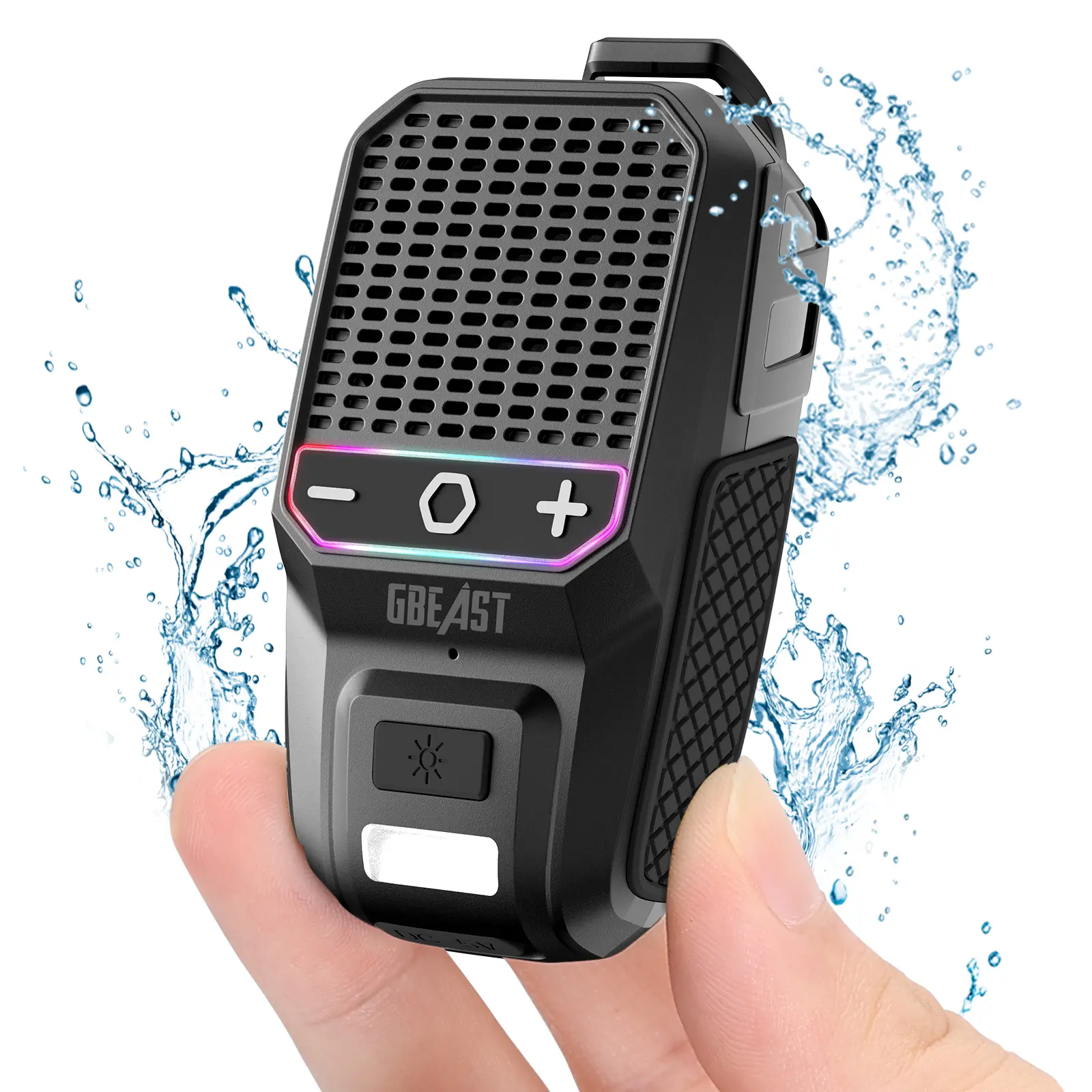 GBEAST Wearable Wireless Bluetooth Speaker - RGB LED Light, Flashlight, IPX6 Waterproof, 30-Hour Battery, Portable Clip-On, Durable Stereo Audio, Black Noise Subwoofer, USB-C - Unique Gifts for Man, Cool Gifts for Guys, Camping Outdoor Gadgets