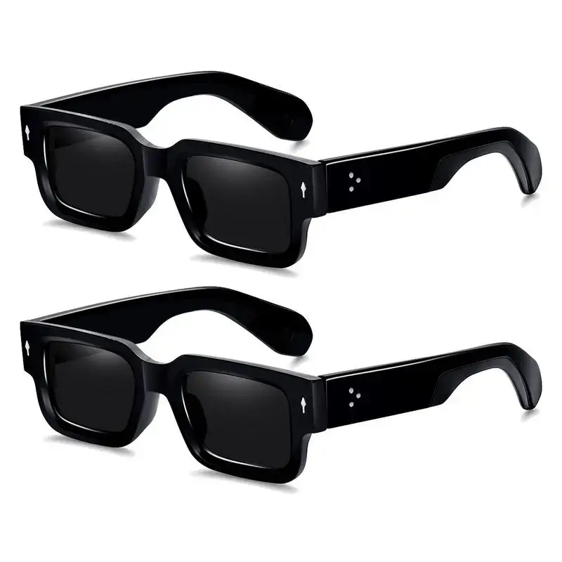 Trendy Black Rectangular Sunglasses Set of 2, Unisex Full Rim Eyewear with Chunky Plastic Frames, UV400 Shield for Casual Outings tiktokshopbacktoschool, Sun Protection, Bold Look