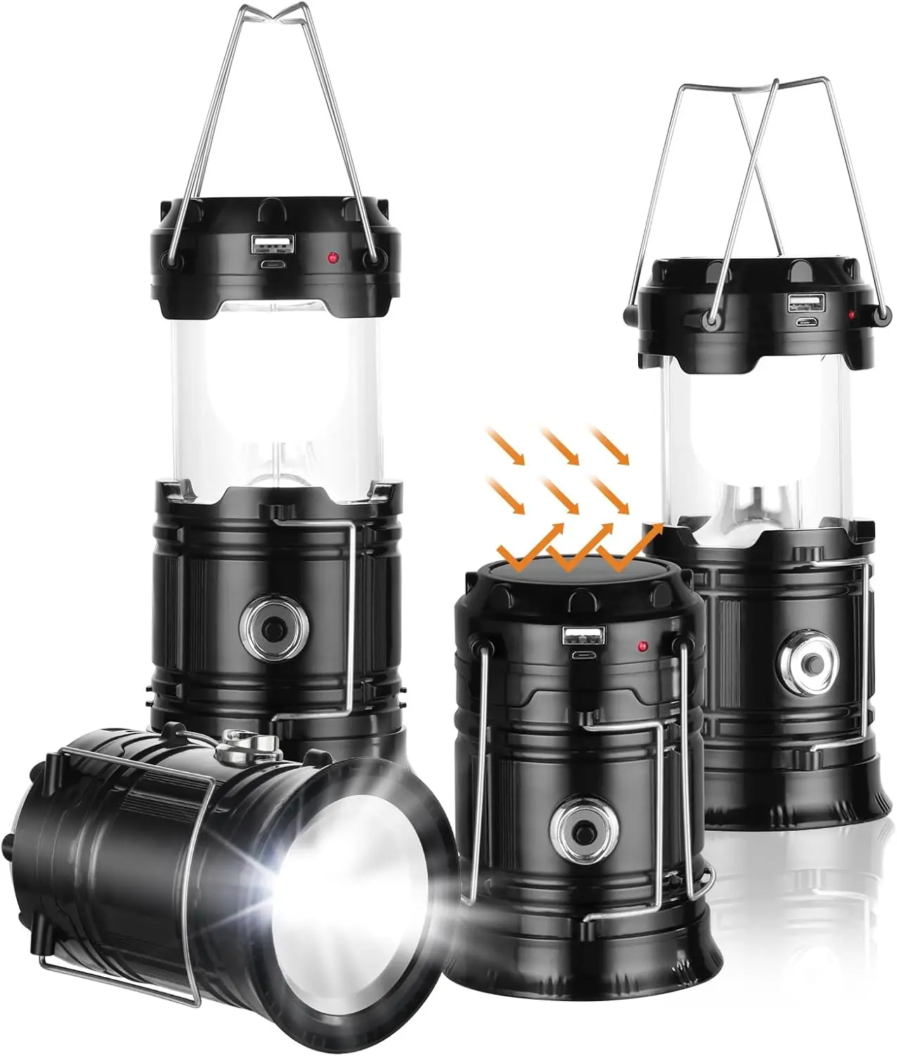 4 Pack Collapsible Portable LED Camping Lanterns, Lightweight Waterproof Solar & USB Rechargeable Emergency Flashlights, Multi-Use Camping Lights for Power Outages, Hurricane Survival, Outdoor Camping & Beach Party Carry-on