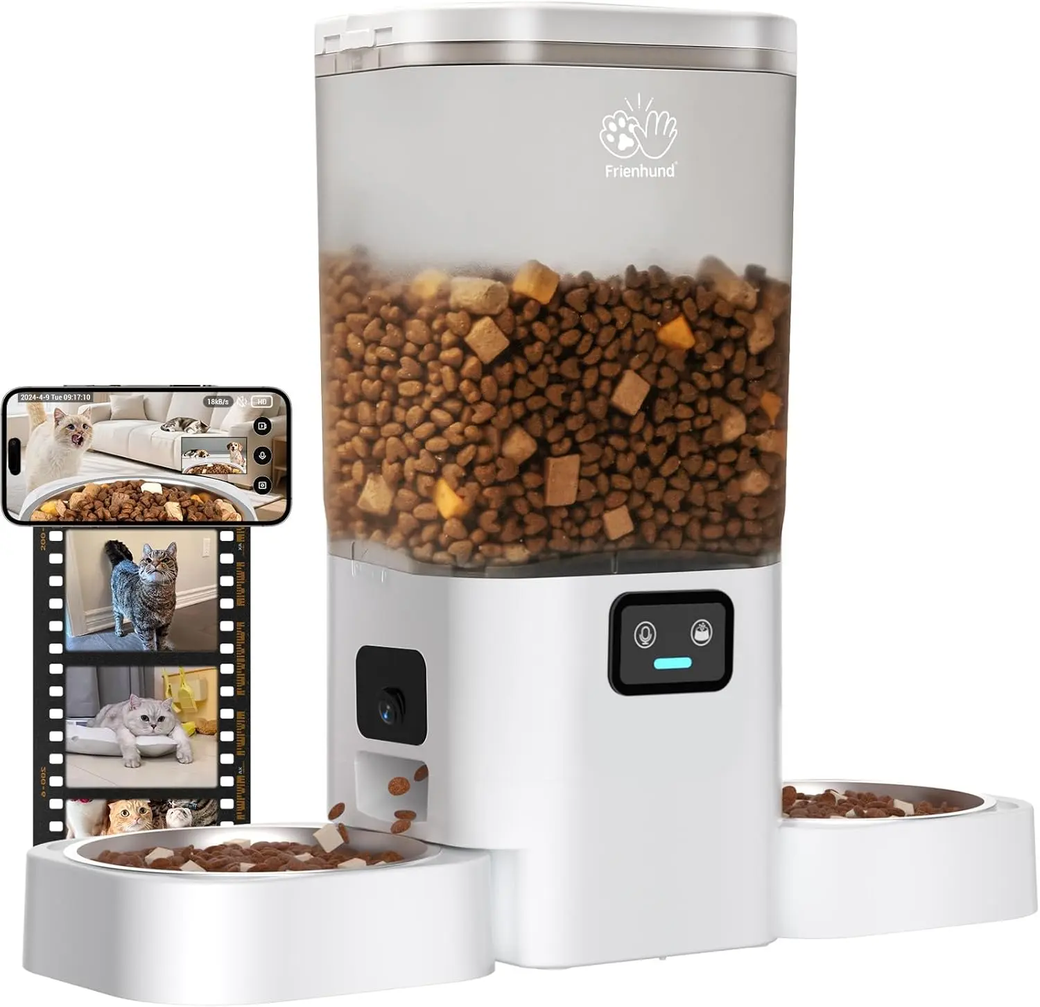Frienhund Dual Camera Smart Automatic Pet Feeder with 7L Dry Food Capacity, 1080P HD Monitoring, Night Vision, App Remote Control, Timed & Portion Feeding, Comprehensive Protection, Dual Stainless Steel Bowls for Multi-Pet Homes
