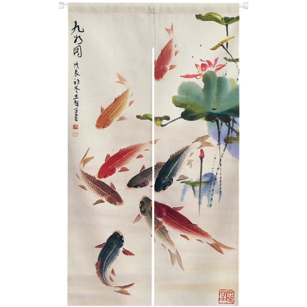 Chinese Ink Painting Doorway Curtain Carps Koi Fishes Japanese Noren Tapestry Bedroom Divider Kitchen Partition Bathroom Door Decor, 33.5"x 59"