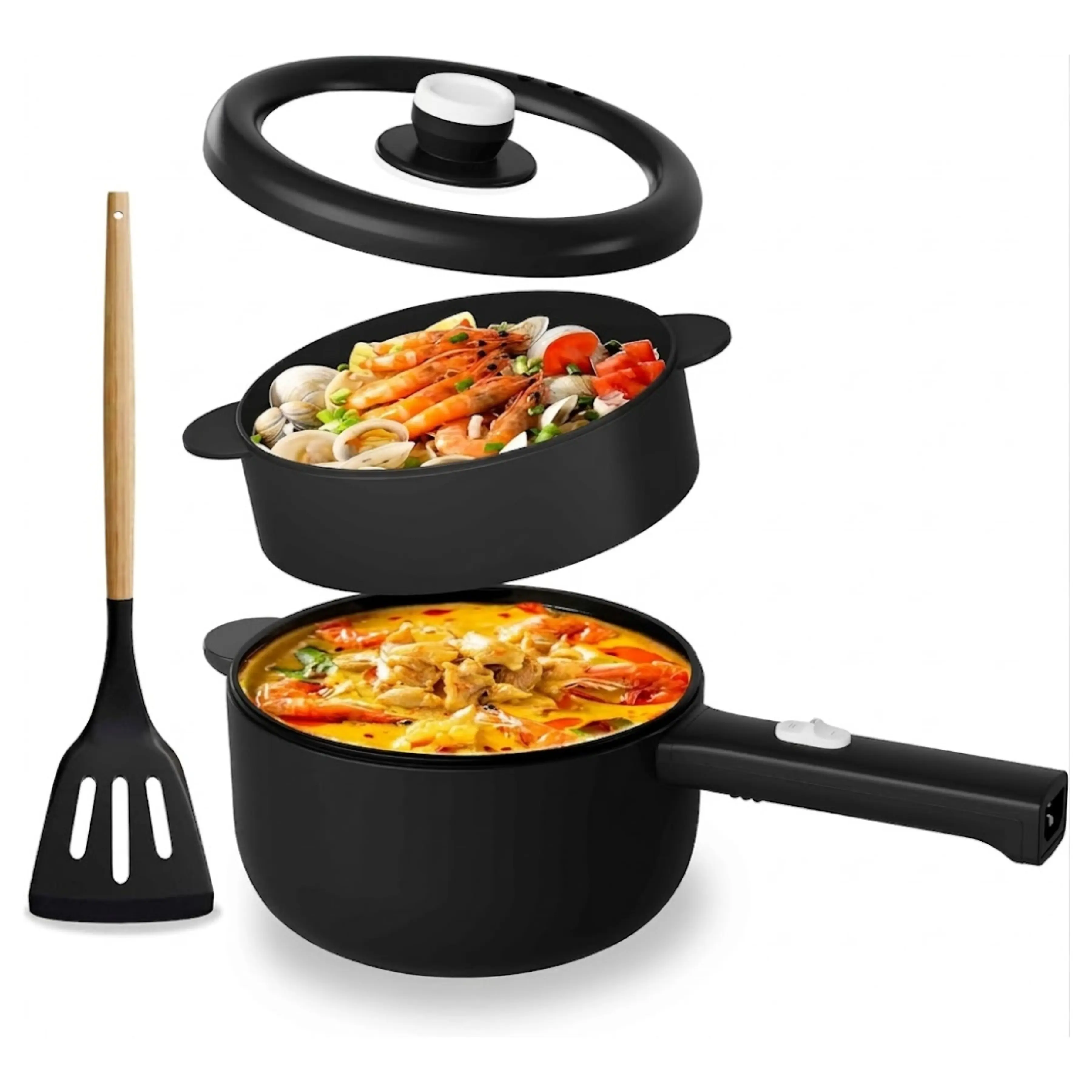 2L Pro Electric Hot Pot - Non-Stick Sauté Pan with Lid, Steamer, Silicone Spatula, Egg Rack, 250w-600w Power Adjustment, Boil Dry Protection, Easy Cleaning, Eco-Friendly All-in-1 Mini Portable Cookware for College Dorm, 2026 New Release, Healthier Cooking