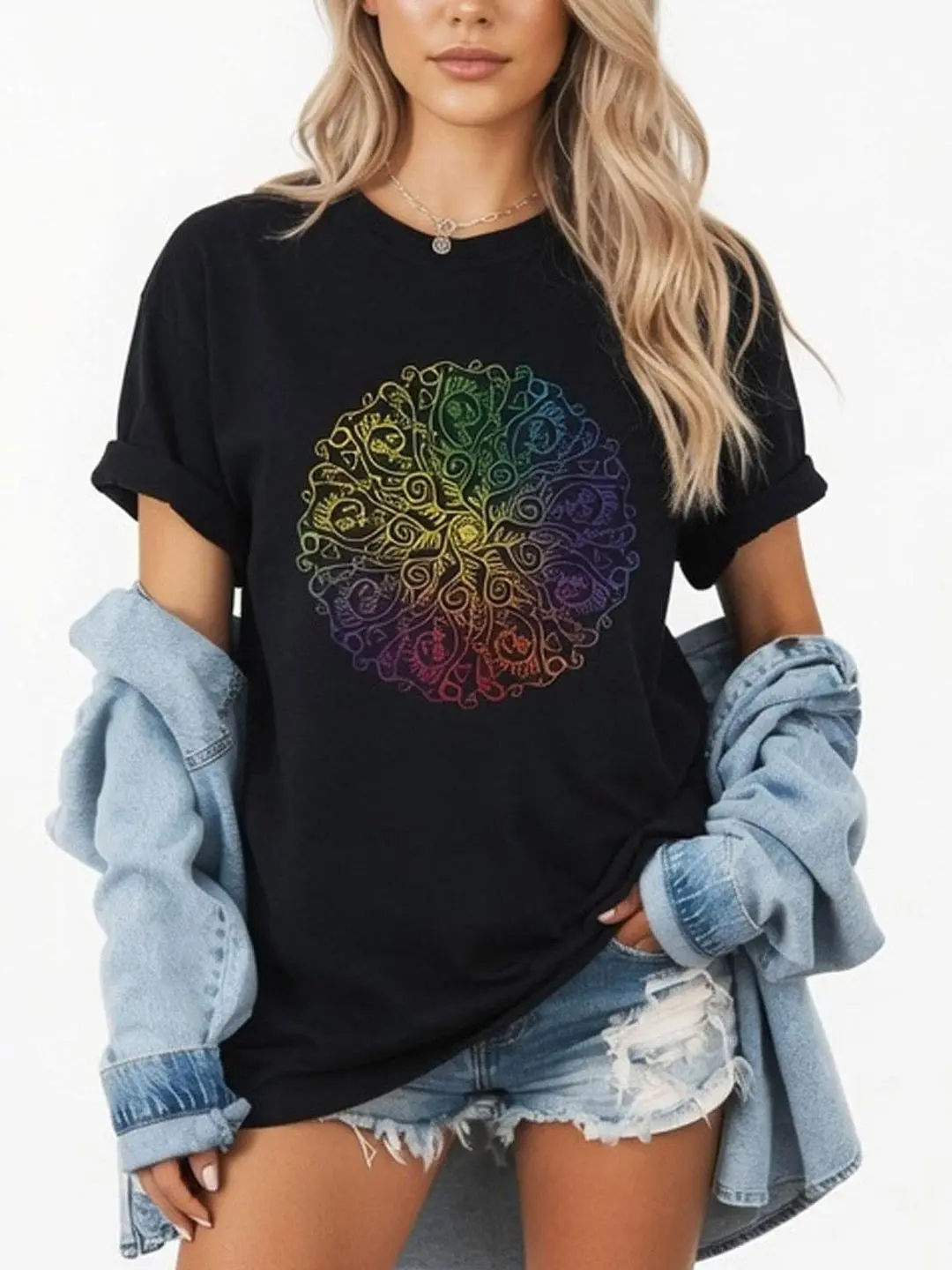 Funny Mandala Shirt, Colorful Geometric Graphic, Boho Art Outfit, Relaxed Casual Wear, Creative Gift For Women Men, Festival Style Apparel, Unique Abstract Design, Seamless, Shortsleeve, Fabric, Tshirt, Printed, T-Shirt, Tops, Cotton, Soft