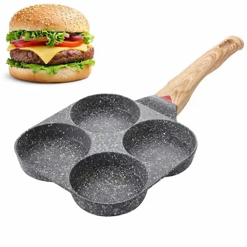 Non-stick Egg Frying Pan, 4 Holes Skillet With Handle,Multifunctional,Wooden Handle Medical Stone Omelet Non-stick Cookware frying pan Nonstick Egg Pan Easy Care Nonstick