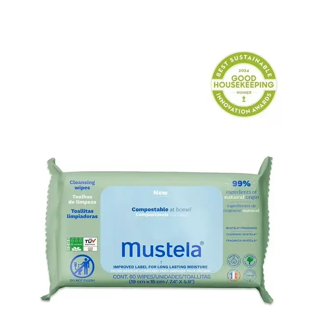 Mustela Compostable Cleaning Wipes with Fragrance 60 Wipes - Best Sustainable Housekeeping Award Winner - 99% Natural Ingredients