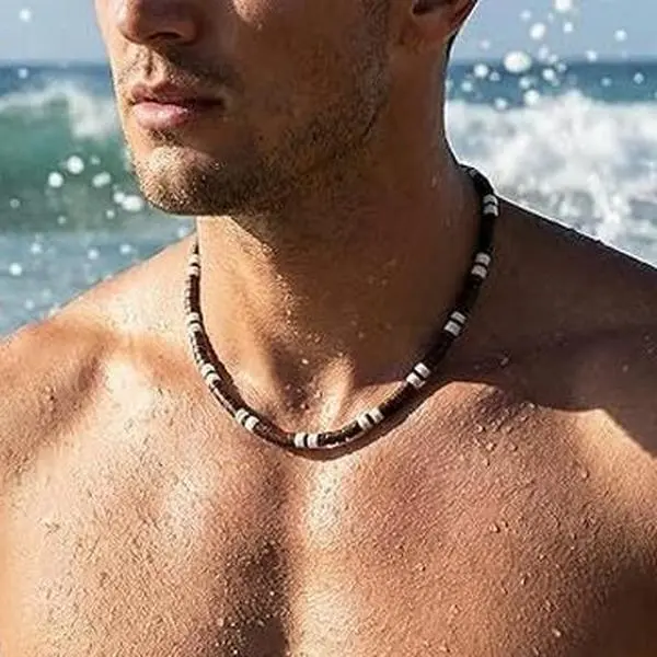 Men's Puka Shell Necklace with Wooden Beads and Gold Link Chain, Bohemian Style Jewelry for Casual Wear, Birthday, Wedding, Anniversary Gift, Daily, Male, Resistant To Abrasion, Handcrafted, Men's Jewelry, Beaded Necklaces, Meticulously Crafted, Chains, E