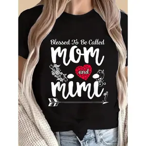 Mom and Mimi S Blessings Ladies Casual Heart and Floral Pattern Short Sleeve T Shirt Perfect Mother S Day Gift for Spring and Summer Daily Loose Fit Glossy Finish