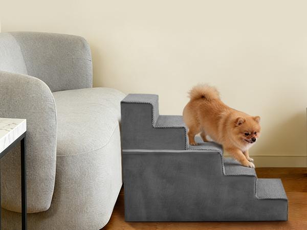 Dog Stairs Ramp for Small Dogs and Cats 5-Step Curved Pet Steps with High-Density Foam for Puppy and Older Cats Indoor Ramp Stairs for Couch High Beds Sofa Chairs Grey