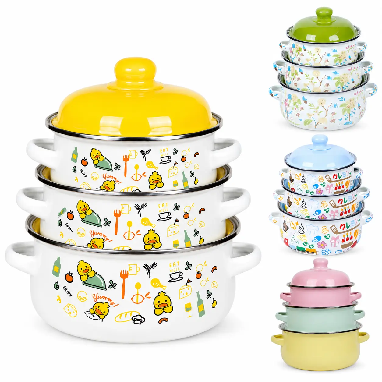 3-Size Enamel Cooking Pot Set with Lids - Nonstick Durable Cooking, Double Handle, Anti-Scalding, Non-Toxic, Easy Clean, Induction Safe, Cartoon Yellow Duck Print - Great Gift for New Parents, for Single-Serve Soups & Porridge Prep