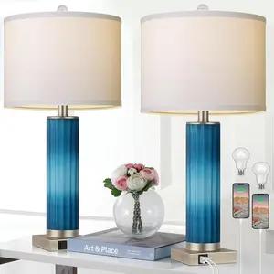 26" Table Lamps Set of 2 for Living Room, Blue Glass Bedroom Lamp for Bedside with USB C+A Charging Ports, Modern Art Deco Nightstand Lamp for End Table Home Decor (LED Bulb Included)