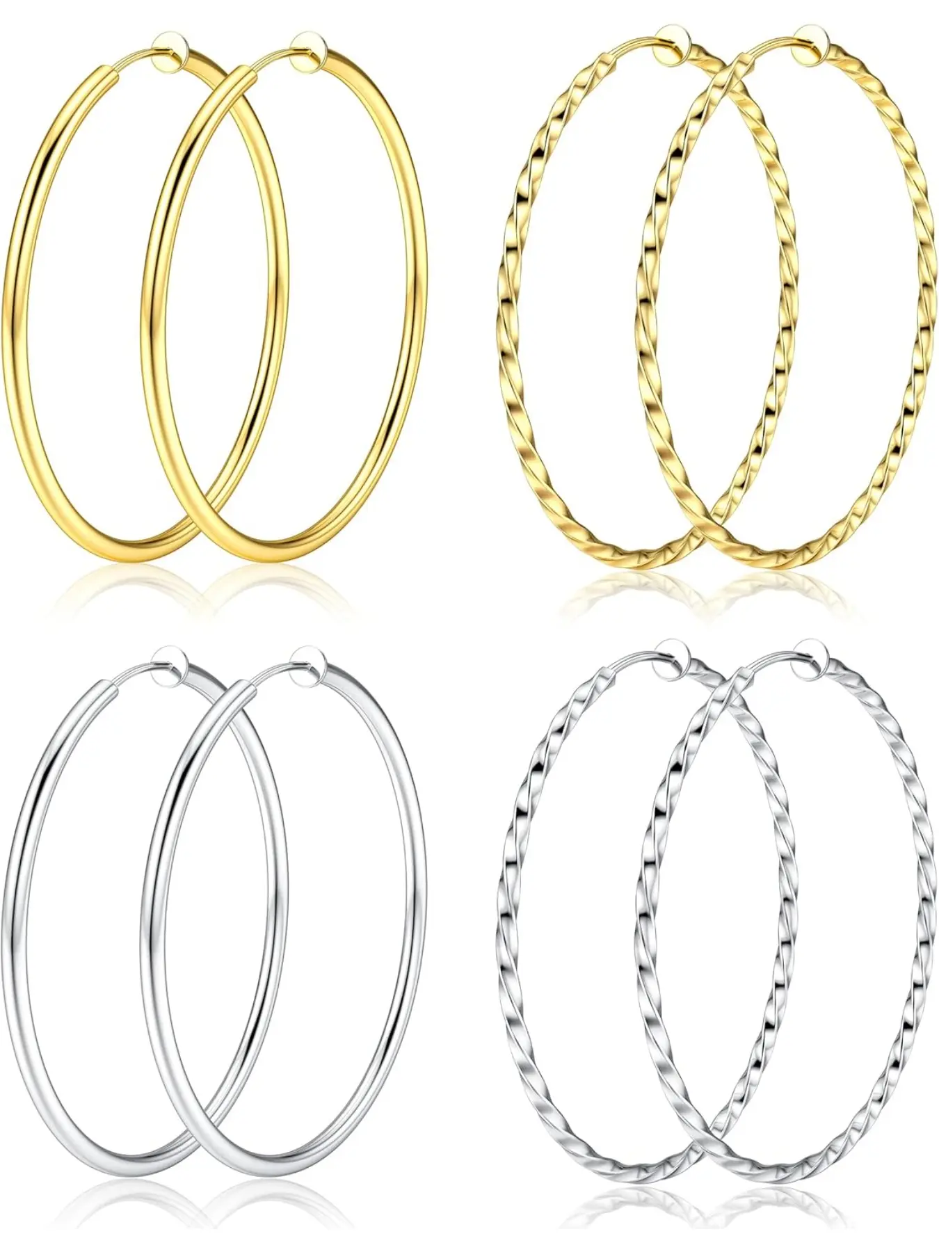 8Pcs Clip On Hoop Earrings for Women Fashionable Earrings Stainless Steel, Silver Gold Non Piercing Big Hoop Earring Hypoallergenic Twisted Hoop Earrings for Non Pierced Lightweight Chunky Hoops Ears Chunky Statement Earrings