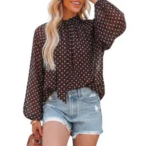 Dokotoo Women's 2026 Summer Elegant Casual Fashion Beige Polka Dot Pattern Blouse Bow Tie Lantern Sleeves Loose Pleated Semi-Sheer