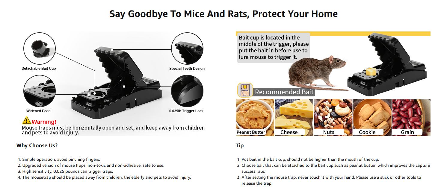 USKICH 20 Pack Mouse Traps Indoor Reusable ABS Plastic High Sensitivity Quick Kill Safe Non-Toxic Rodent Killer Easy Set for Home & Outdoor Use