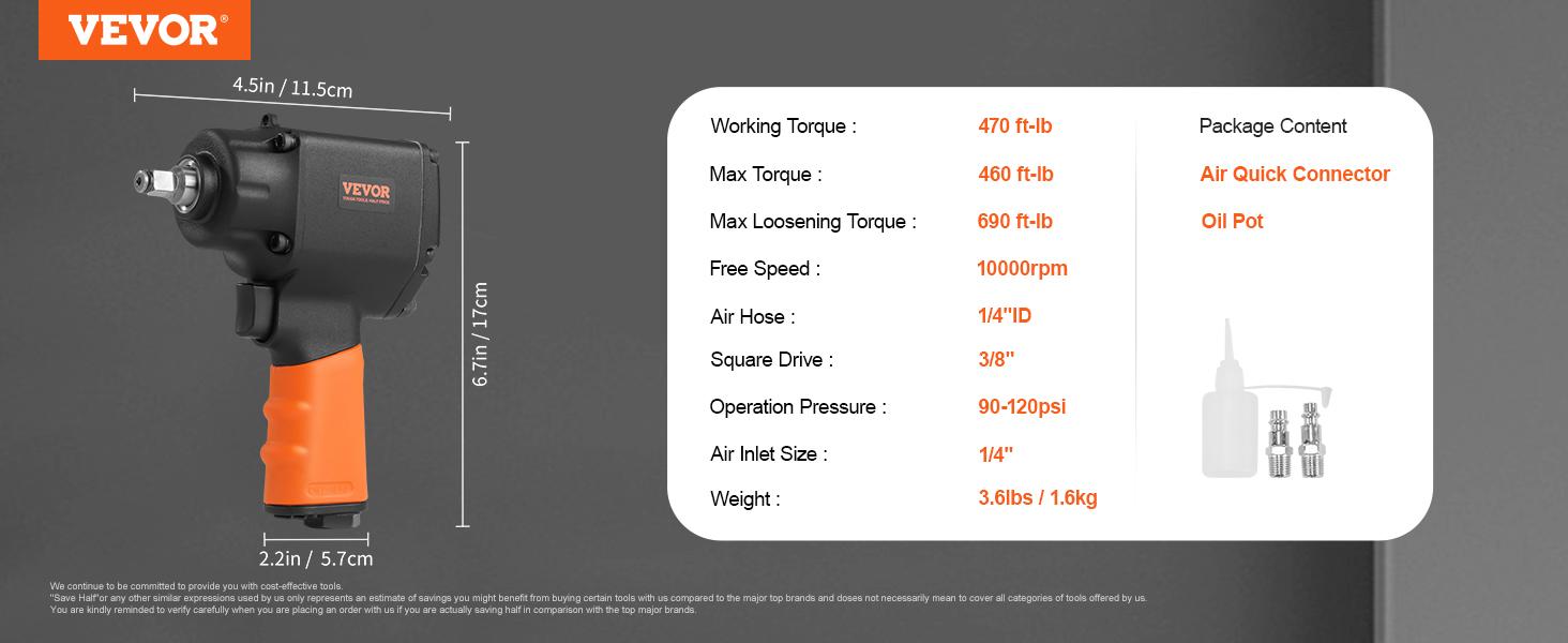 VEVOR 1/2-Inch Air Impact Wrench, High Torque Up to 1400 ft-lbs, Lightweight 4.6 lb Design Pneumatic Impact Gun with 11-PCS 1/2-Inch Drive CR-V Steel Impact Socket Set & Carrying Case  impactwrench