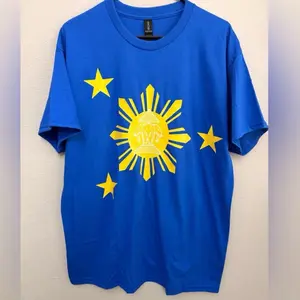 Laos Philippines Flag T-Shirt - Blue Cotton Tee with Yellow Sun and Stars Design