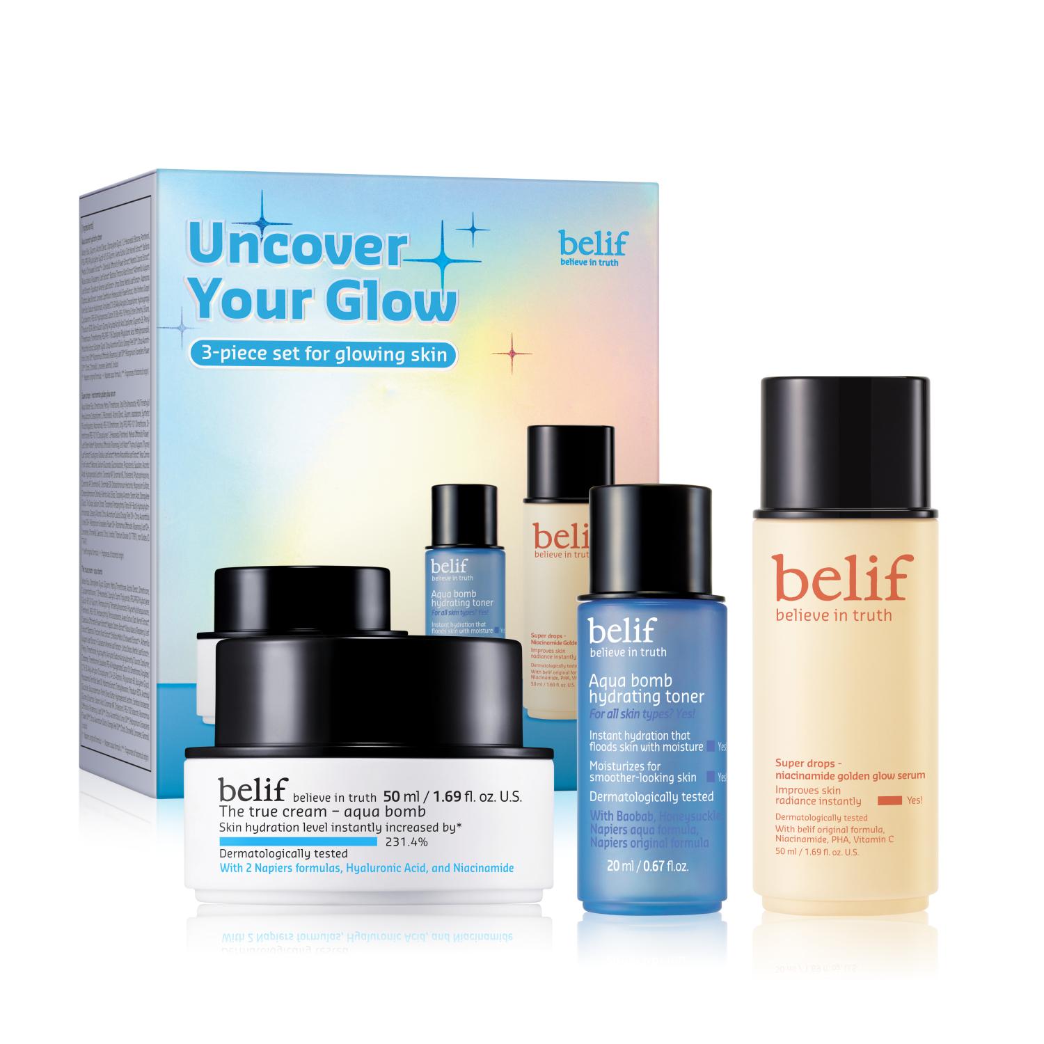 belif Uncover Your Glow Set, Korean Skincare – 3-Step Radiance Routine with Aqua Bomb Toner, Niacinamide Vitamin C Serum & Aqua Bomb Moisturizer – For All Skin Types