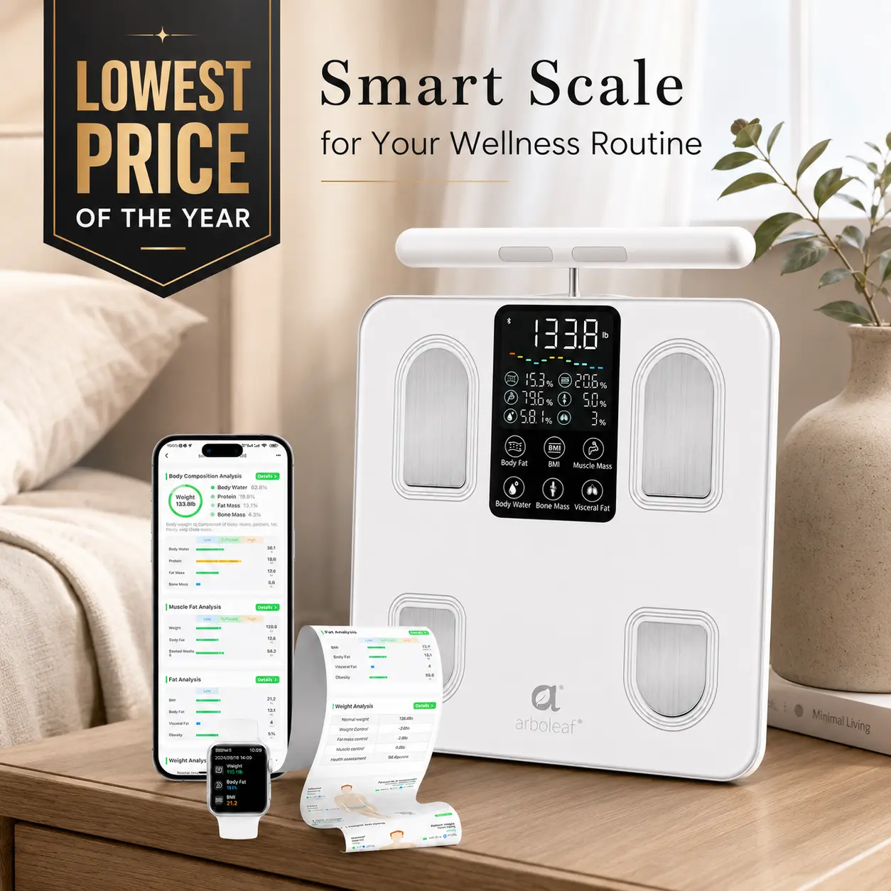 Arboleaf Smart Bathroom Scale for Body Weight 26 Metrics Full Body Composition Analyzer 8-Electrode High Precision Digital Scale with App Connectivity - Healthcare