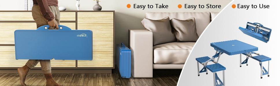 VINGLI 4 Ft Camping Picnic Table Set with 4 Seats with Umbrella Hole Folding Lightweight Suitcase Card Table-220 Lbs Support Aluminum Frame, Plastic RV Tabletop for Barbecue,Travel,Outing,Gathering