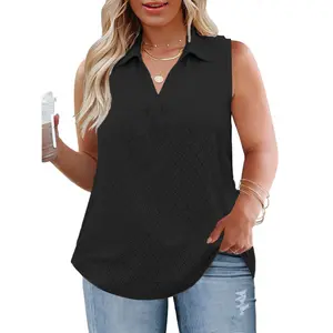 Women's Plus Size Collared V-Neck Eyelet Tank Tops - Chic, Soft, Breathable Sleeveless Casual Tunics for Everyday Summer Wear, Shorts Pairing, Outdoor Fun Style Elegance (2097)