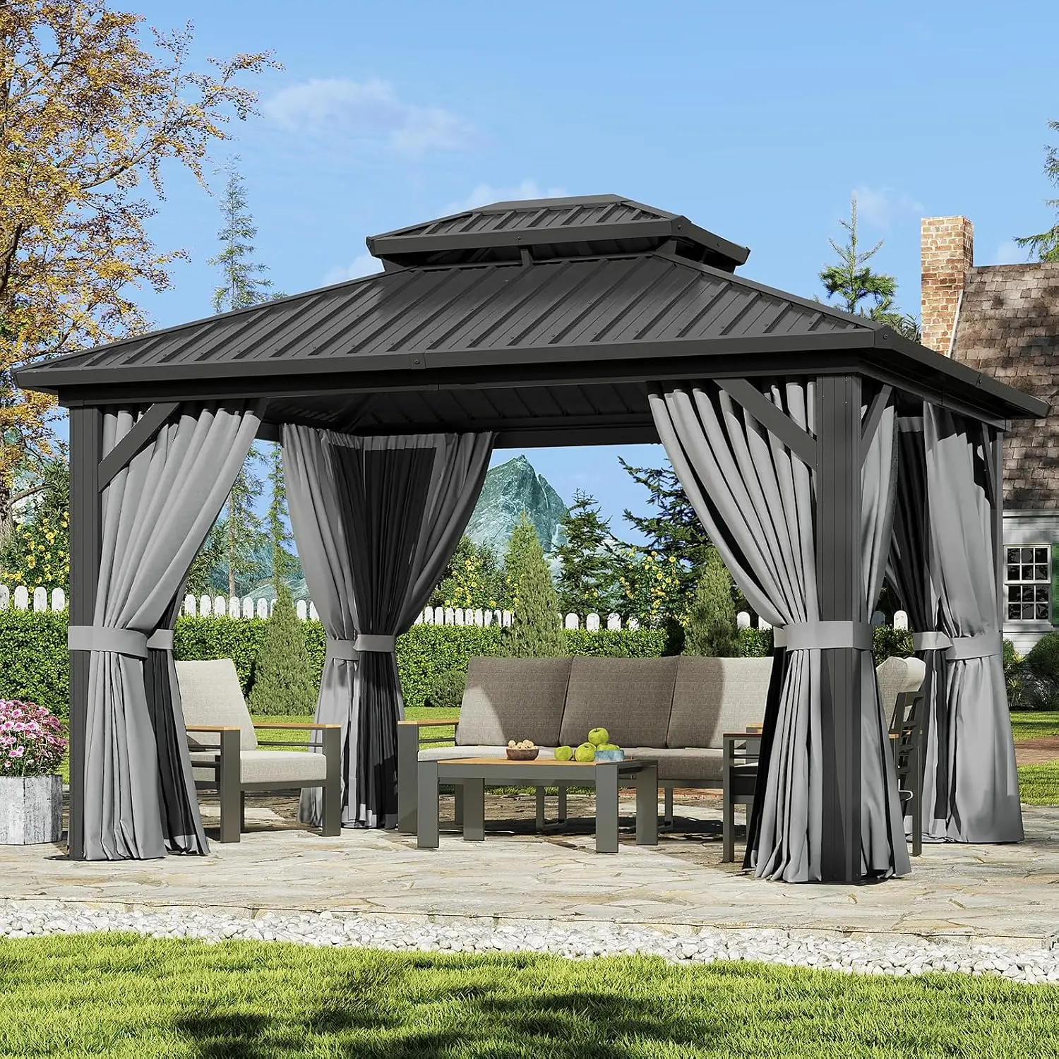 Jolydale Outdoor Patio Gazebo, Permanent Metal Frame Pavilion with Curtains and Netting, Galvanized Double Roof Canopy for Garden, Lawns, Gazebo Outdoor Patio,home decor,camping essentials