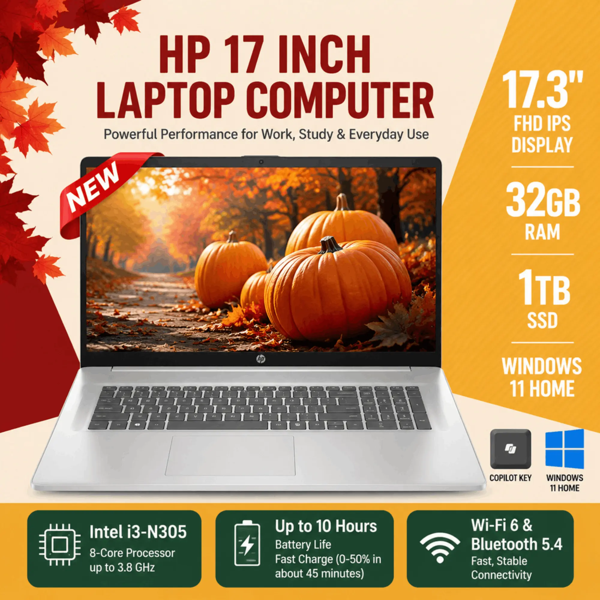 HP 17.3" FHD IPS Laptop, 8‑Core Intel i3‑N305, Up to 32GB RAM 1TB SSD, Windows 11 Home, Fast Charge, WiFi 6 Bluetooth 5.4 HD Webcam, Bundle Accessories Included, for Student & Business