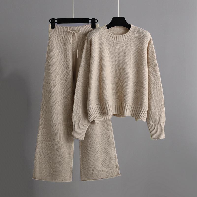 Women 2 Piece Sweater Outfits Long Sleeve Knit Pullover Top Wide Leg Knit Pants Lounge Set Casual Knitted Sweatsuit