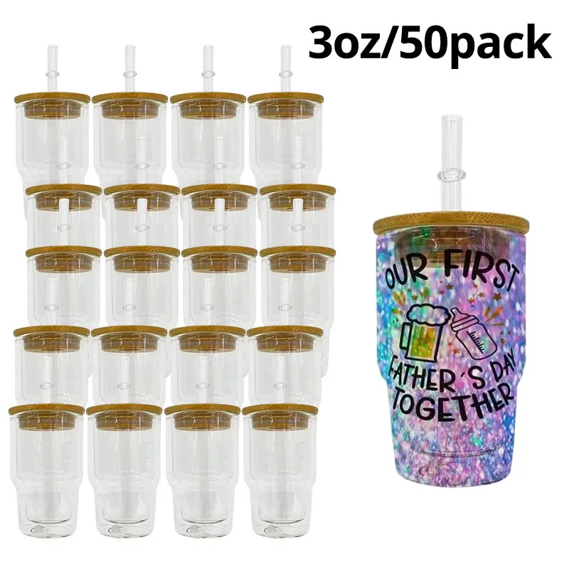 50-Pack Portable 3oz Reusable Snow Globe Mini Tumbler, Double-Wall Glass Shot Cups with Bamboo Lid & Pre-Drilled Hole Straw, Silicone Washable Plastic Sublimation Blank for DIY Crafts