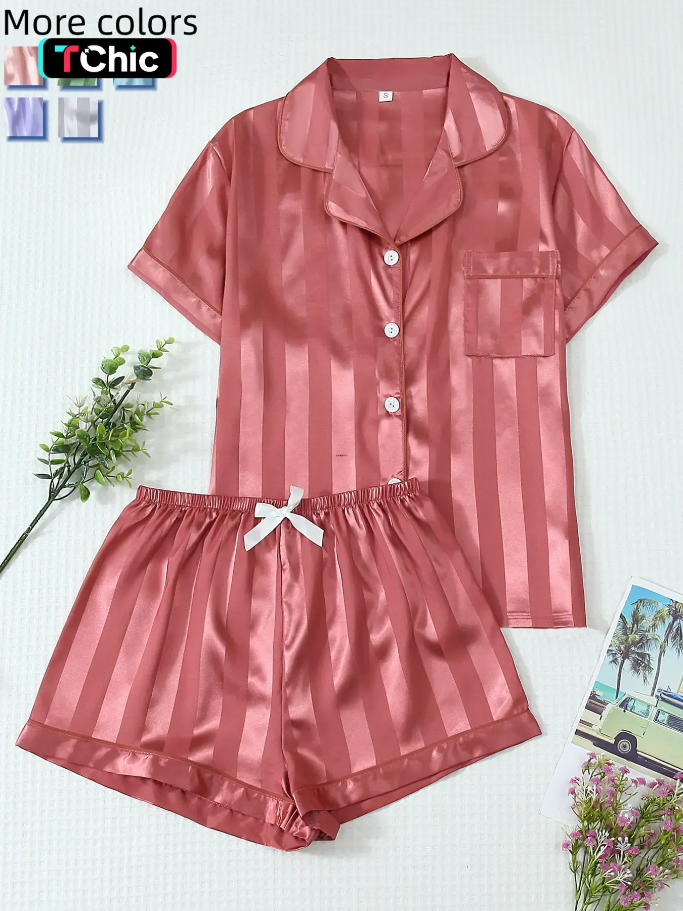 Women's 2-Piece Satin Pajama Set, Striped Collared Short Sleeve Top with Pockets, Bow Shorts, Loungewear Shorts Sets, Casual Home Wear, Fitted Style, Loungewear, Loungewear Outfit, Homewear, Nightwear, Pjs, Pyjamas