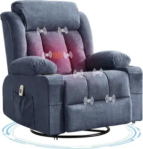 Oversized Blue Swivel Rocker Recliner Chair with Heat & Massage, 3-Position Adjustable Nursery Recliner for Adults, Dual Cup Holders, Side Pockets, USB Charging Ports