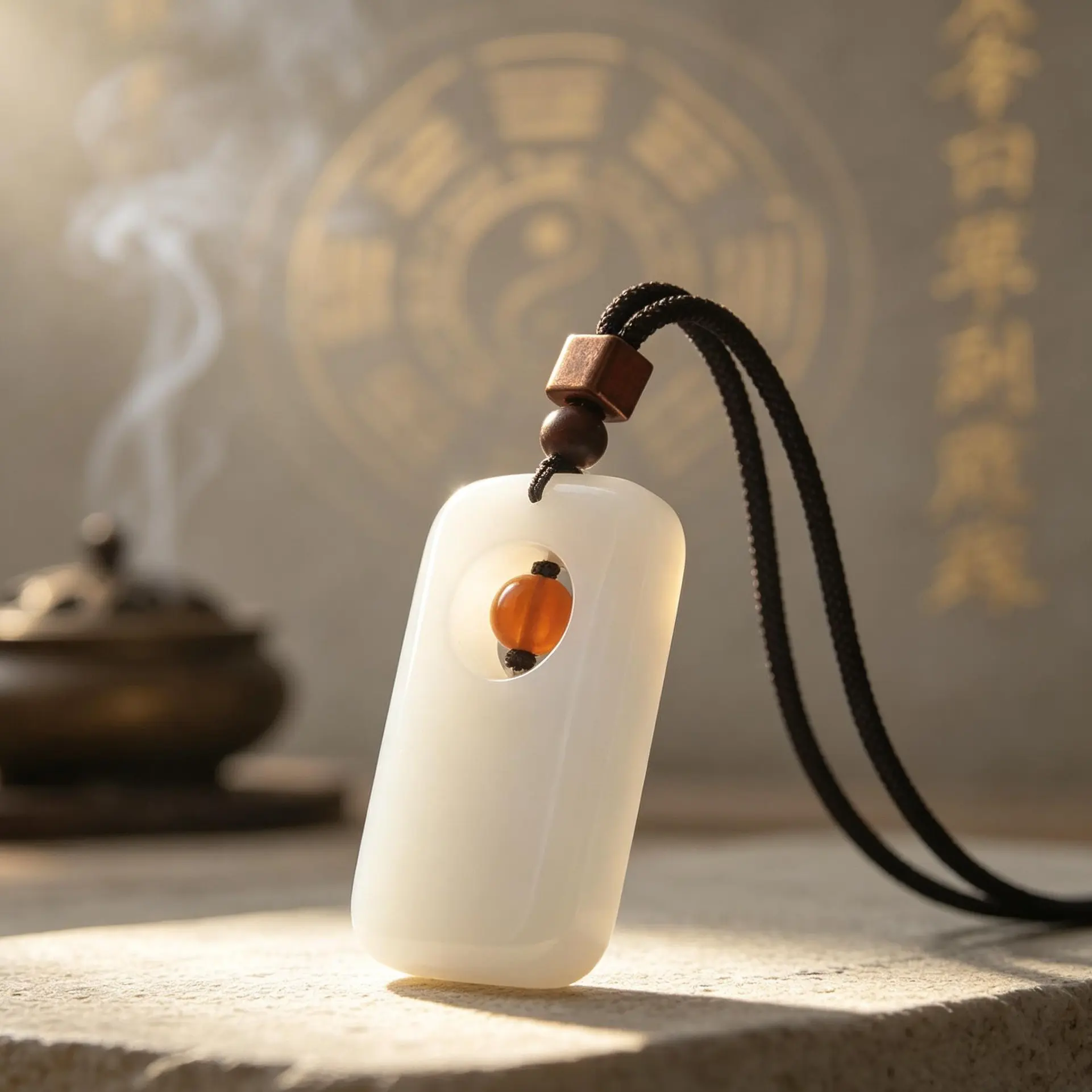 White Jade Safe Pendant With Rotating Bead, Metal Element, Purify Turbid Qi, Turn Bad Luck Into Good Fortune
