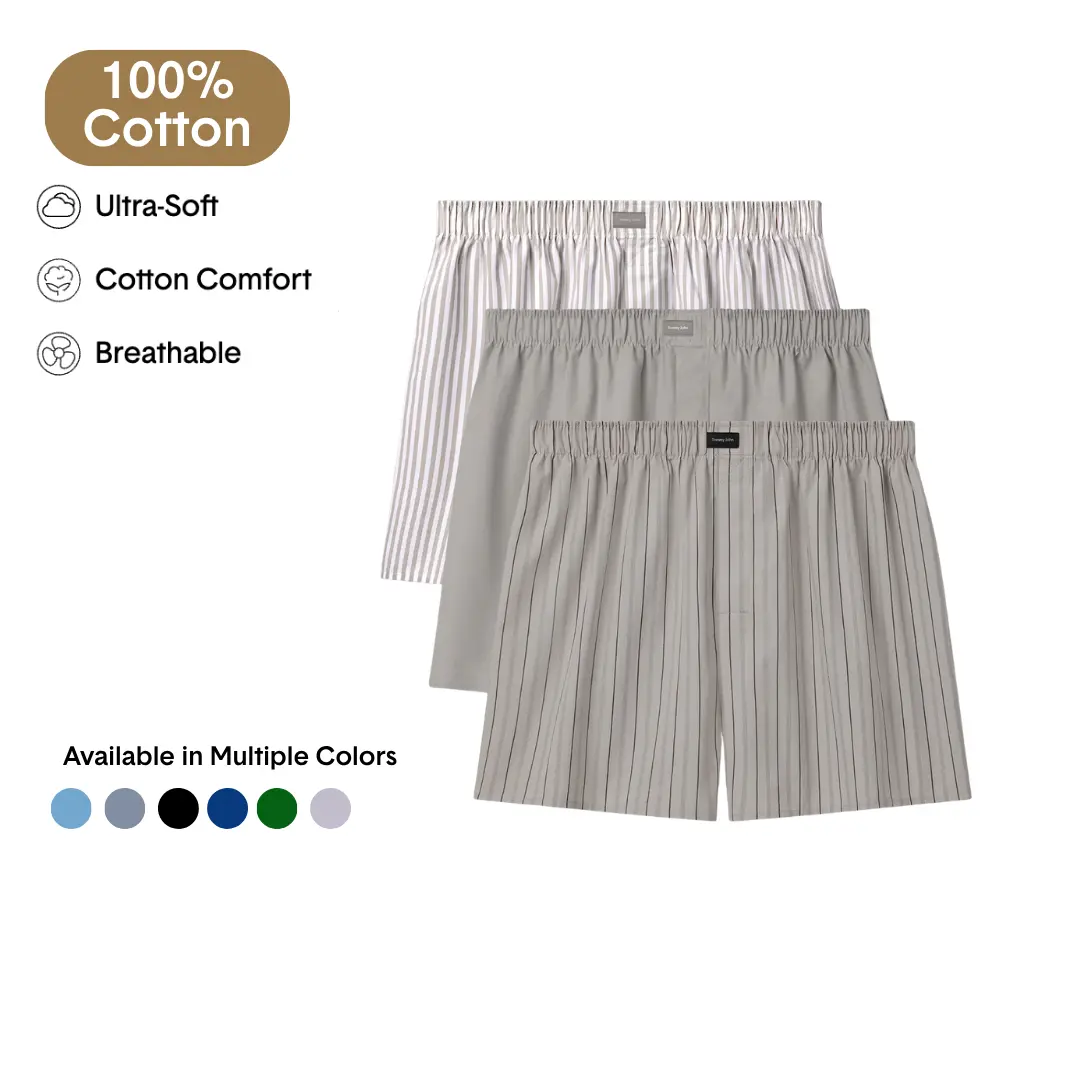 Tommy John Men’s Woven Boxer Shorts, 100% Cotton, Breathable Comfort Fit, Tagless Waistband, 3-Pack Natural Traditional