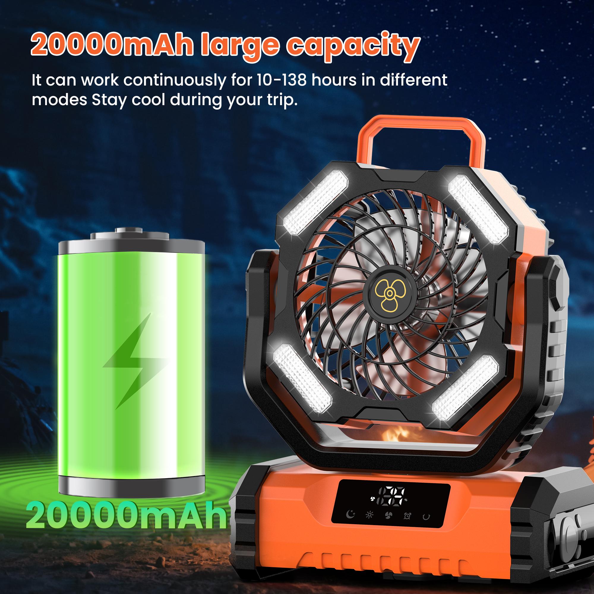 Featwell Portable Camping Fan Rechargeable 20000mAh Battery Operated with LED Lantern 5 Wind Speeds 4 Timer Modes Ideal for Picnics Fishing RVs Workplaces Power Outages Hurricanes