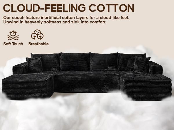 135" Oversized U Shaped Cloud Couch Sectional Sofa with Chaise Modern Modular Sofa with Lounge Chairs Upholstered Boneless Couches for Living Room Bedroom Plush Corduroy Fabric【3 Packages Shipping】