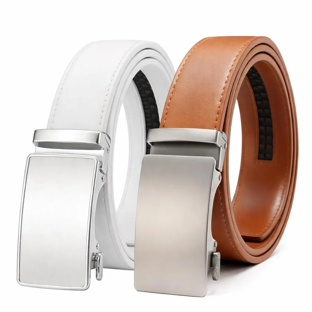 Mens Belt Leather Ratchet Belt For Men 2 Pack White & Brown Dress and Casual with Adjustable Buckle, Trim to Fit