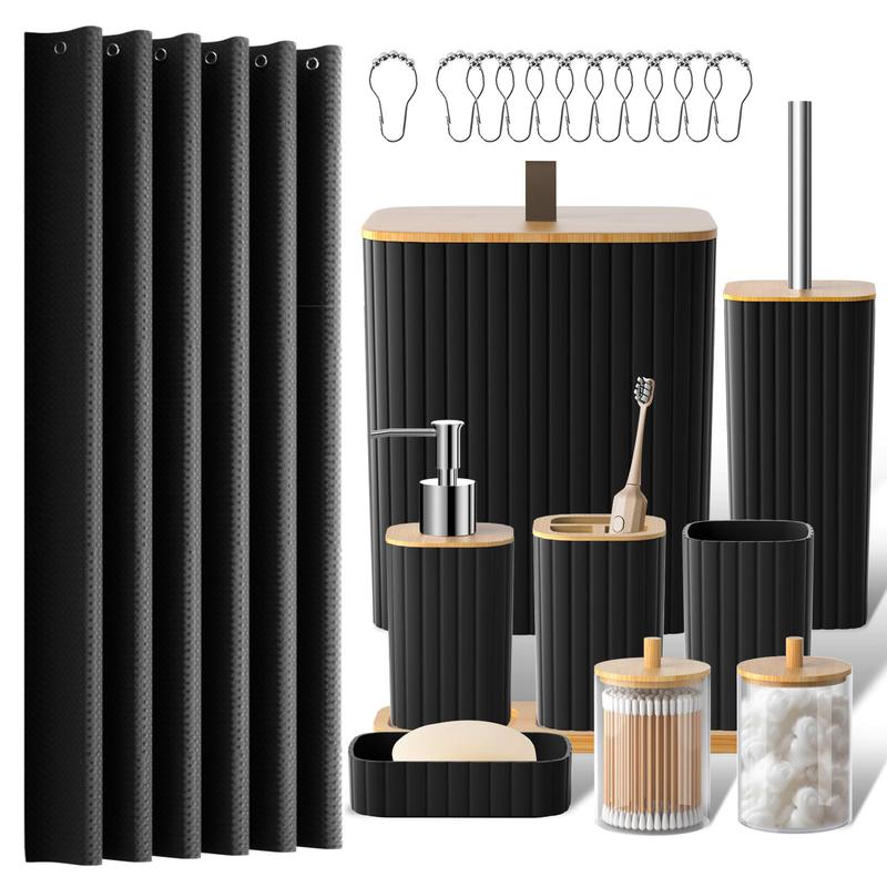Black Ribbed Bathroom Accessory Set (10 Pieces) with Wood Detail, Water-Resistant Modern Bathroom Decor