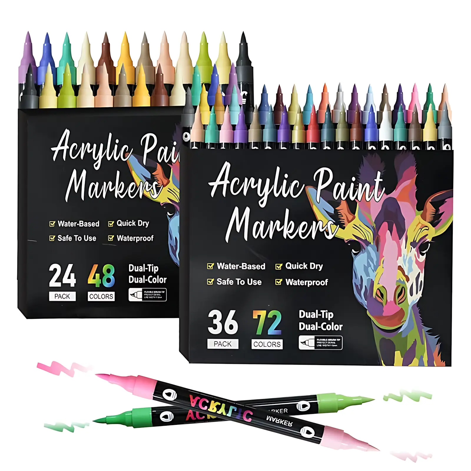 Quick-Dry Acrylic Paint Pens – Professional Dual Tip Brush & Fine Point Markers, 24/36/48/Colors for Rock, Wood, Canvas, Glass, Ceramic, Plastic, Stone & Fabric. Waterproof Art Supplies for DIY Crafts, Lettering, Journaling & School Projects